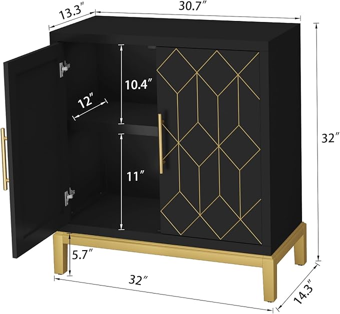HLR Accent Cabinet with Gold Trim,Storage Cabinet with 2 Doors,Modern Wooden Sideboard for Living Room, Kitchen, Office and Hallway,Black