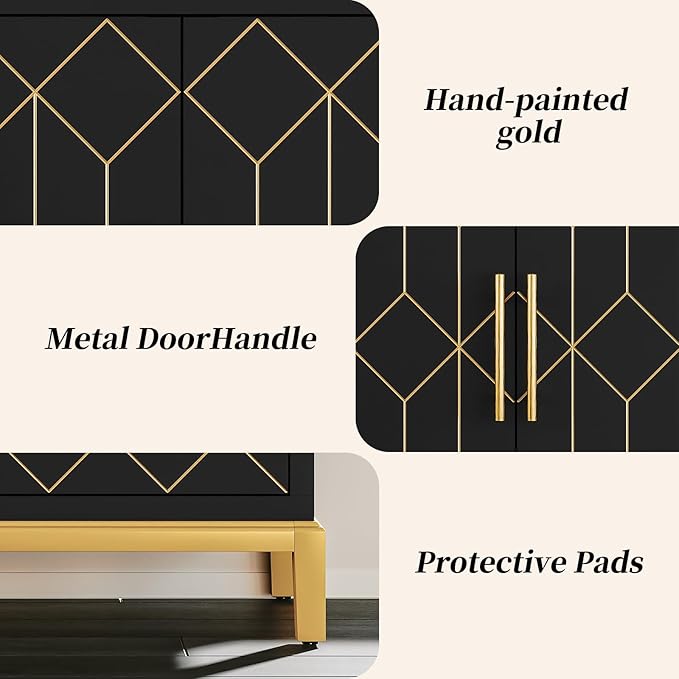 HLR Accent Cabinet with Gold Trim Set of 2,Storage Cabinet with 2 Doors,Modern Wooden Sideboard for Living Room, Kitchen, Office and Hallway(Black)