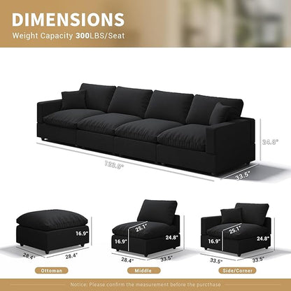 Modern Sectional Linen Couch for Living Room,4 Seat Modular Cloud Sofas,Detachable Couch Cushion Covers,Cozy Feather Down Sofa for Apartment Black
