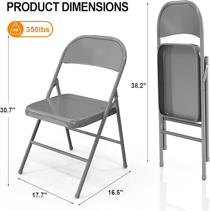 VINGLI Folding Chairs All Steel Metal Frame, Capacity 350 lbs, Durable Portable and Versatile for Indoor Outdoor Use, Gray, Set of 4