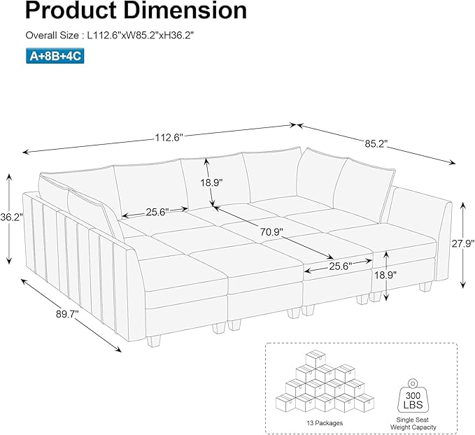 Belffin Oversized Modular Sectional Sofa Sleeper Sectional Couch with Storage Chenille Sofa Bed for Living Room, 12 Seats, Dark Grey