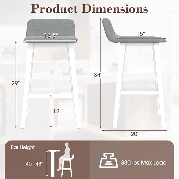 COSTWAY Wooden Bar Stools Set of 4, 29-inch Height Upholstered Padded Seat, Low Backrest, Footrest, Rubber Wood Legs, Armless Bar Chairs for Kitchen Counter Island, Dining Room, White+Gray