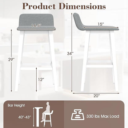 COSTWAY Wooden Bar Stools Set of 4, 29-inch Height Upholstered Padded Seat, Low Backrest, Footrest, Rubber Wood Legs, Armless Bar Chairs for Kitchen Counter Island, Dining Room, White+Gray