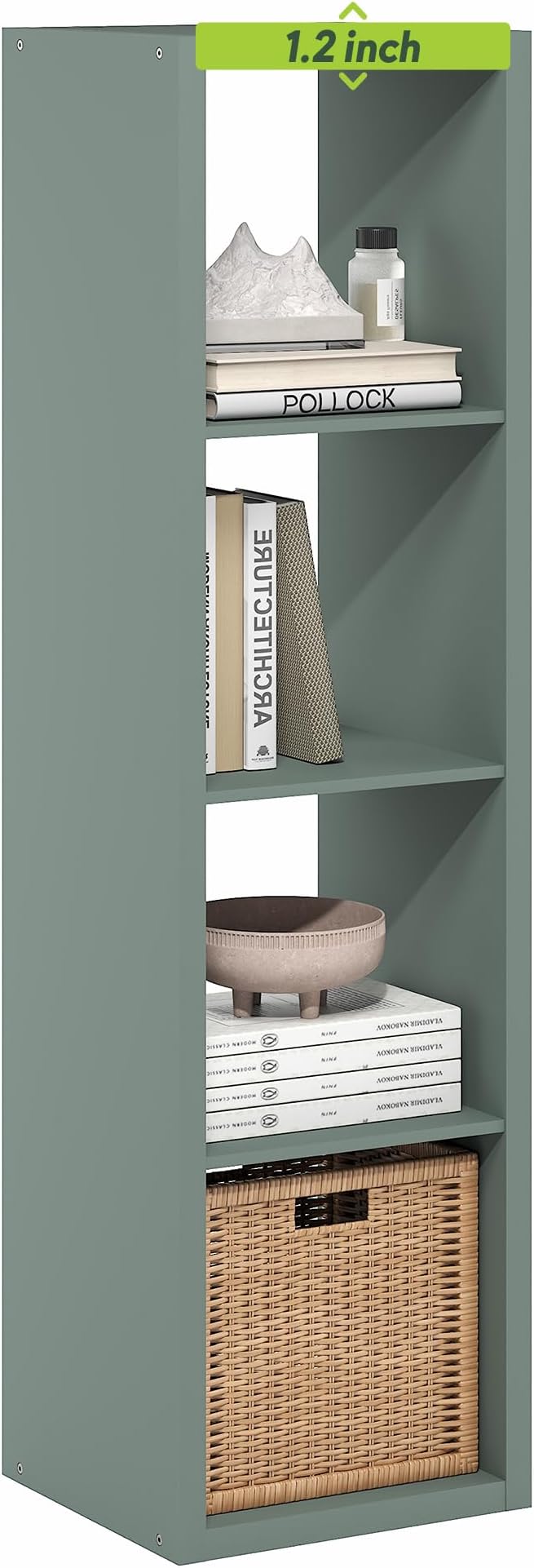Furinno Cubicle Book Shelf, 4-Cube Vertical Thick Frame Bookshelf, Horizontally & Vertically Reversible Bookcase with Open Back, 14.6" x 15.9" x 58", for Living Room, Bedroom, Home Office, Sage Green