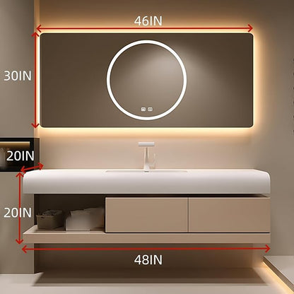 48IN Bathroom Vanity with Sink - Bathroom Cabinet Set has 2 Drawers & Overflow Hole Wall Mounted | LED Practical Defogging Mirror, Open Compartments, Seamless Rock Slab Basin (Khaki)