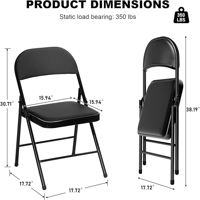 18 Pack Black Folding Chairs with Padded Cushion for Outside, Portable Stackable Commercial Metal Foldable Chairs with Steel Frame for Home Events Office Wedding Party, 350lbs Capacity