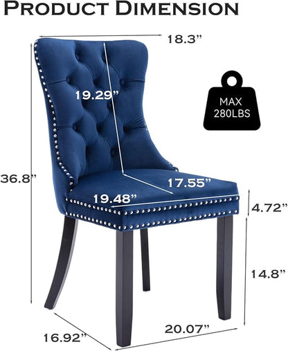 Velvet Upholstered Dining Chairs Set of 2, Modern Style Kitchen Side Chairs with Nailhead Trim and Wood Legs,Metal Pulling Ring for Dining Room Living Room(Blue,Set of 2)