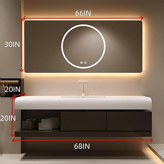 68IN Bathroom Vanity with Sink - Bathroom Cabinet Set has 2 Drawers & Overflow Hole Wall Mounted | LED Practical Defogging Mirror, Open Compartments, Seamless Rock Slab Basin (Coffee)