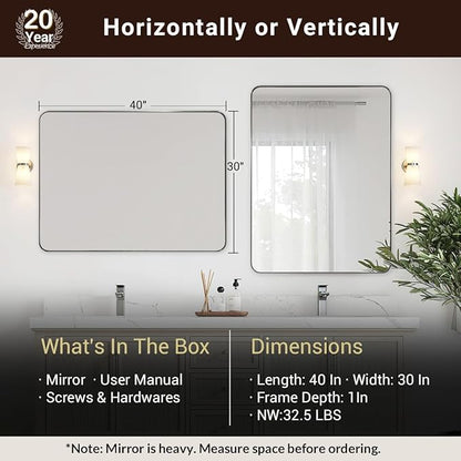 ANDY STAR 30”x40”Chrome Mirror for Bathroom, Rounded Rectangle Bathroom Mirror, Modern Metal Mirror in Premium Stainless Steel Frame, 1”Deep Set Design Hangs Horizontal Or Vertical