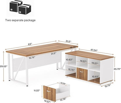Tribesigns 63-Inch Executive Computer Desk with 47-Inch Lateral File Cabinet, Large Workstation Business Furniture, L Shaped Desk with Drawers and Storage Shelves for Home Office, Walnut & White