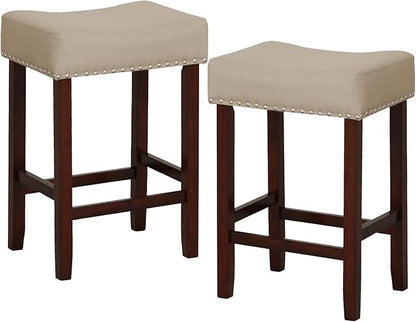 COSTWAY Counter Height Bar Stools Set of 4, 25-inch Backless Saddle Stools with Nailhead Trim, Rubber Wood Frame, Footrest, Max Load 330 Lbs, Upholstered Barstools for Kitchen Island Pub, Beige
