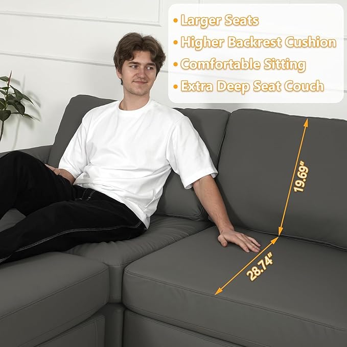 EASE MOOSE Modular Sectional Sofa, Oversized Faux Leather Sectional with Ottoman, Wide Deep Modular Couch, Scratch Resistant Faux Leather Material, U Shaped Couch for Big Spaces, Grey