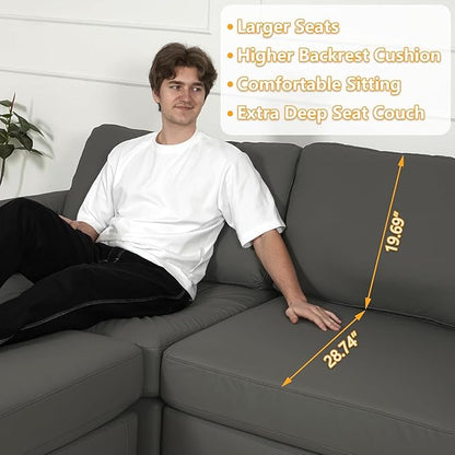 EASE MOOSE Modular Sectional Sofa, Oversized Faux Leather Sectional with Ottoman, Wide Deep Modular Couch, Scratch Resistant Faux Leather Material, U Shaped Couch for Big Spaces, Grey