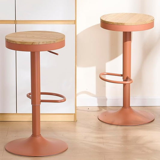 Kidol & Shellder Bar Stools Set of 6 Round Adjustable Swivel Barstools Modern Backless Bar Chairs Wooden Seat Counter Height Stools Armless for Kitchen Island, Cafe, Dining Room Terracotta