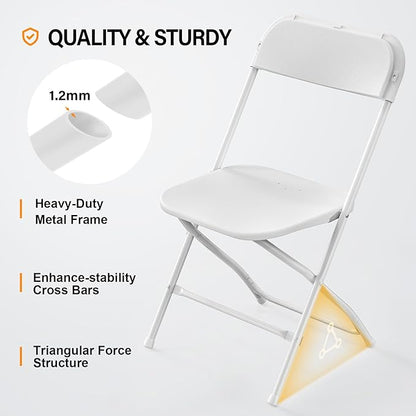 VINGLI 6 Pack White Plastic Folding Chair, Indoor Outdoor Portable Stackable Commercial Seat with Steel Frame 350lb. Capacity for Events Office Wedding Party Picnic Kitchen Dining