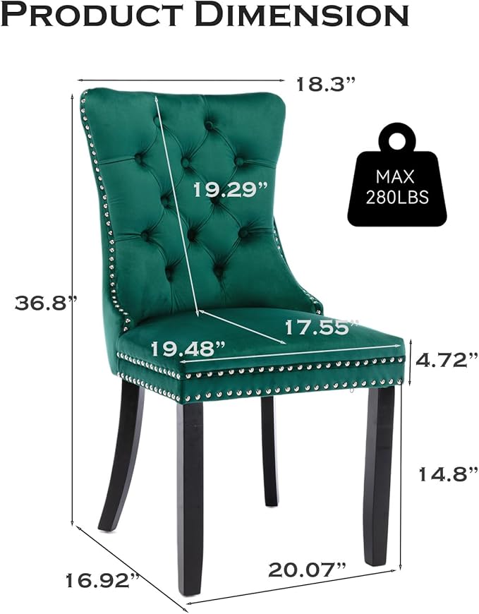 Velvet Upholstered Dining Chairs Set of 4, Modern Style Kitchen Side Chairs with Nailhead Trim and Wood Legs,Metal Pulling Ring for Dining Room Living Room(Green)