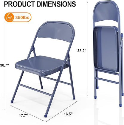 VINGLI Folding Chairs All Steel Metal Frame, Capacity 350 lbs, Durable Portable and Versatile for Indoor Outdoor Use, Darkblue, Set of 4