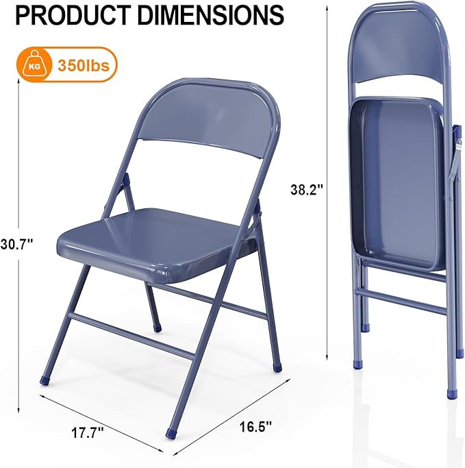 VINGLI Folding Chairs All Steel Metal Frame, Capacity 350 lbs, Durable Portable and Versatile for Indoor Outdoor Use, Darkblue, Set of 8