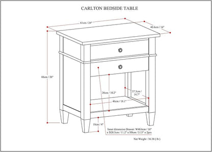 SIMPLIHOME Carlton Bedside Table - 24 inch Wide Solid Wood Nightstand Table in Distressed Grey, Transitional Bedroom Side or End Table with 2 Drawers, Open Storage Shelf and Bronze Hardware
