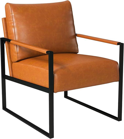 INZOY Leather Accent Chair with Metal Frame, Comfy Living Room Chair with Plump Backrest and Cushion, Mid Century Modern Chair with Sturdy Structure, Easy to Clean, Brown