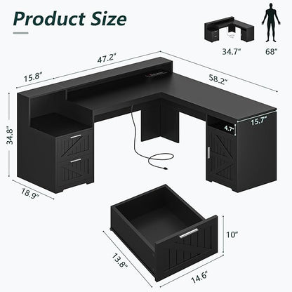 63" Farmhouse L Shaped Desk with Drawers & Storage Shelf, Corner Computer Desk with Power Outlets for Home Office, Executive Desk with Monitor Stand, Printer Shelf, Black