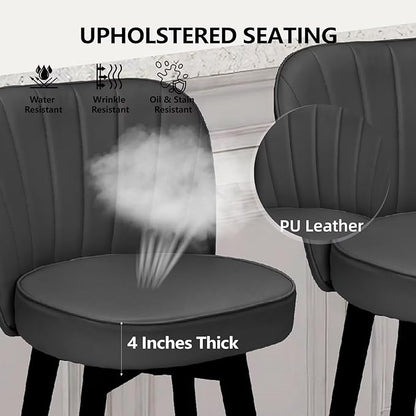 MINCETA Bar Stools Set of 2, PU Leather Barstools, 26 Inch Upholstered Counter Stools with Backrest and Footrest, Swivel Counter Height Barstools for Kitchen Island Home Bar Dark Gray