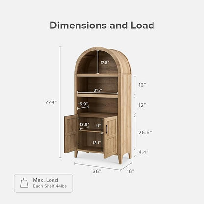 mopio Lauren 77.4" Tall Arched Cabinet, 5-Tier Arched Bookcase with Doors and Adjustable Shelves, Arch Bookshelf with Storage, Wooden Storage Cabinet for Living Room and Kitchen Pantry (Set of 2, Oak)
