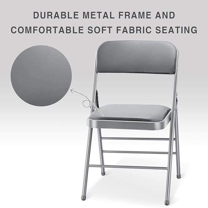 cyclone sound 4 Pack Folding Chairs with PU Padded Cushion and Back, Commercial Grade Metal Chairs with Comfortable PU Leather Cushion for Home and Office, for Indoor and Outdoor Events (4, Gray-PU)