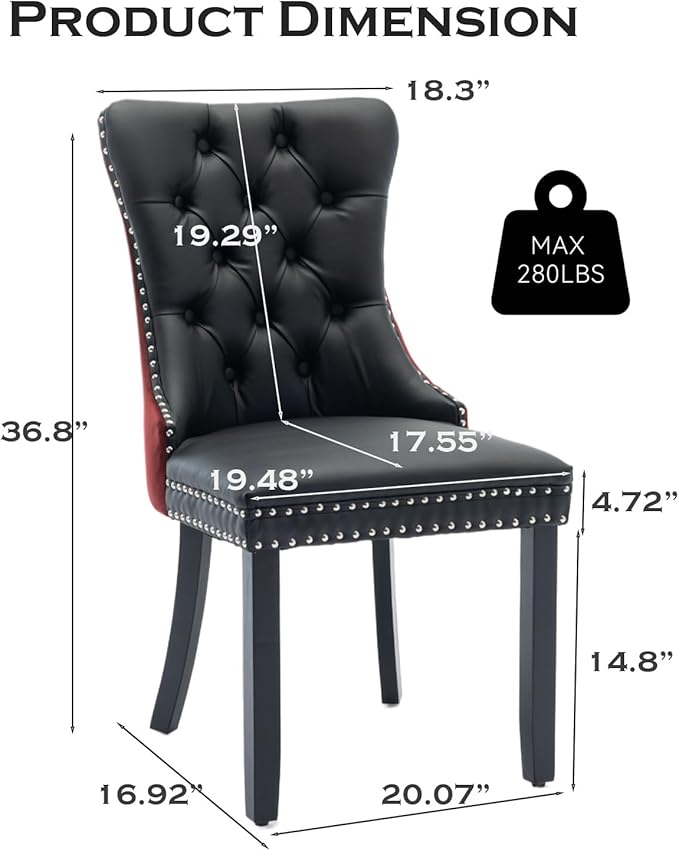 Leather Upholstered Dining Chairs Set of 2, Modern Style Kitchen Side Chairs with Nailhead Trim and Wood Leg, Metal Pulling Ring for Dining Room Living Room(Black&Wine Red)