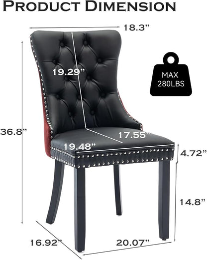 Leather Upholstered Dining Chairs Set of 8, Modern Style Kitchen Side Chairs with Nailhead Trim and Wood Leg, Metal Pulling Ring for Dining Room Living Room(Black&Wine Red)