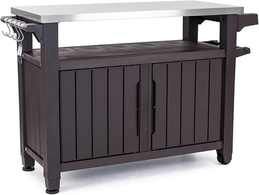 Keter Outdoor Rolling Table Cart for Food Prep, Storage, Bar & Grill, Dark Brown - Portable Kitchen Island Tabletop with Wheels for Drinks, Snacks, and Cooking