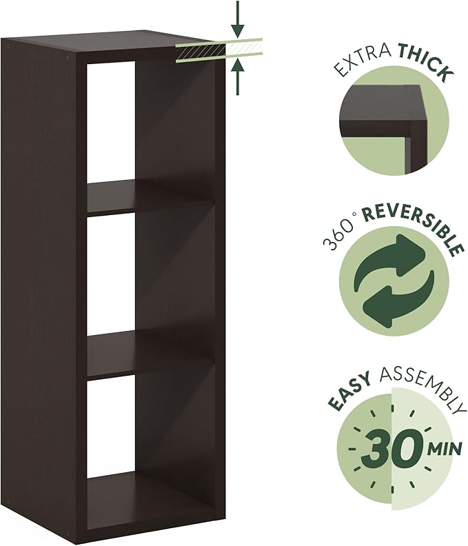 Furinno Cubicle Book Shelf, 3-Cube Thick Frame Bookshelf, Horizontally & Vertically Reversible Bookcase with Open Back, 14.6 x 15.9 x 44, for Living Room, Bedroom, Home Office, Black Dark Oak