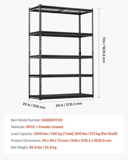 VEVOR Storage Shelves, 3000 lbs, 5 Tier Heavy Duty Garage Shelving, 20" D x 48" W x 72" H Adjustable Metal Shelves for Industrial Shelving Unit Utility Shelf, for Kitchen, Warehouse, Basement, Black