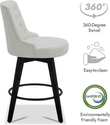 Watson & Whitely Modern Swivel Bar Stools, Faux Leather Upholstered Counter Height Bar Stool with Back, Solid Wood Legs, 26" H Seat, Set of 2, White
