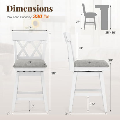 COSTWAY Bar Stool Set of 2 for Kitchen Island, 26" Counter Height Chair with Ergonomic Backrest, Foot Rest, Padded Seat & Solid Wood Structure, 360°Swivel Farmhouse Barstool with Back