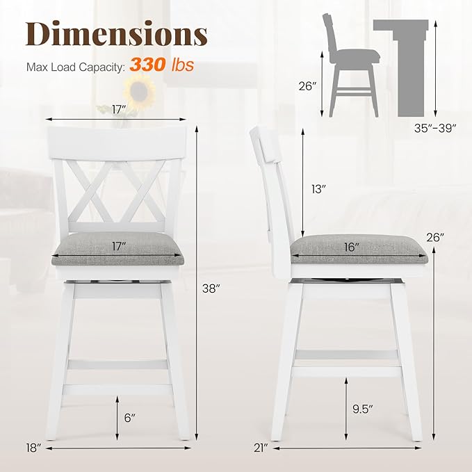 COSTWAY Bar Stool Set of 3 for Kitchen Island, 26" Counter Height Chair with Ergonomic Backrest, Foot Rest, Padded Seat & Solid Wood Structure, 360°Swivel Farmhouse Barstool with Back