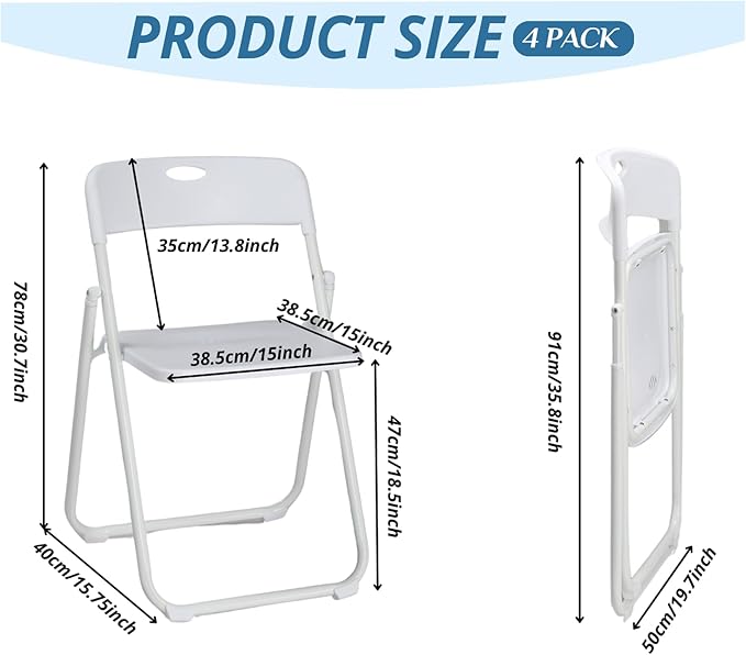 Karl home 4 Pcs Folding Chair, 300LBS Lightweight Foldable Plastic Chair, Reinforced Metal Frame Easy to Fold & Store for Indoor & Outdoor, Wedding, Party, Meeting Room, Patio and Garden, White