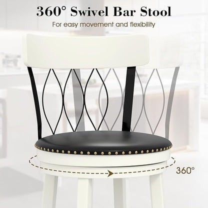 COSTWAY Bar Stools Set of 4, 26” Seat Height Swivel Barstools with Ergonomic Backrest, Soft Cushion & Footrest, Rubber Wood Counter Height Bar Chairs Upholstered Dining Chairs for Kitchen Island