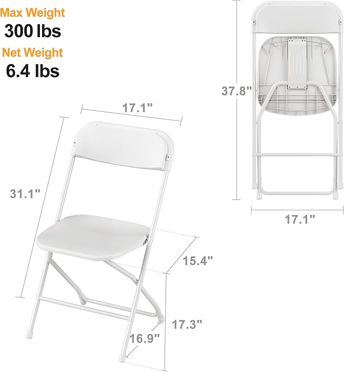 Allpop 4 Pack Plastic Folding Chair, 300lb Capacity, Portable Commercial Chair with Steel Frame for Home Office Wedding Party Indoor Outdoor Events, Stackable, White
