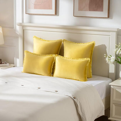 FUTEI Lemon Yellow Velvet Decorative Throw Pillow Covers 12x20 Set of 2,Soft Cozy Edge with Tassels Lumbar Pillow Cases,Boho Modern Home Decor for Couch Bed Living Room
