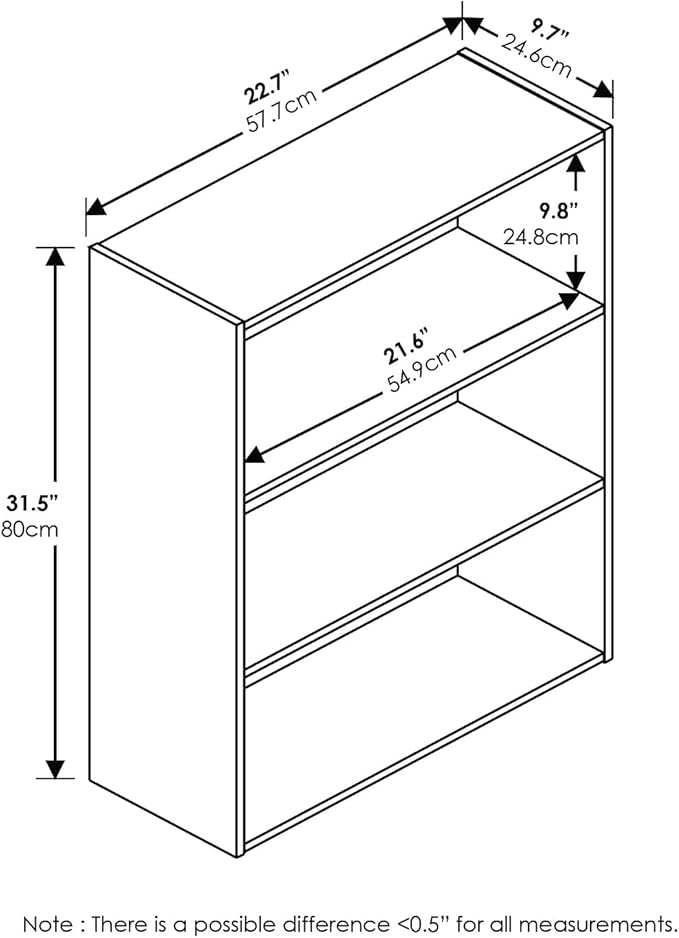 Furinno PASIR Book Shelf, 3-Tier Bookshelf, Storage Shelves Bookcase, 9.7 x 23.7 x 31.5, for Living Room, Bedroom, Home Office, Amber Pine