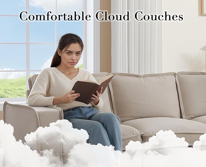 EALSON 93" Modular Sectional Sofa Modern Comfy 3-Seater Couch Sofa Linen Fabric Upholstered Cloud Couches with 24" Deep Seat and Wooden Legs for Bedroom/Living Room/Office, Oatmeal
