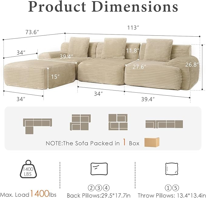 VK·LIVING 113" Cloud Sectional Couch, 61.6" Deep Seat Boneless Modular Sofa with Wide Armrests, Plush Corduroy Memory Foam Couch for Living Room, No Assembly, Sage Green