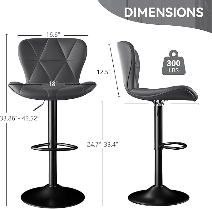 Bar Stools Set of 2, Adjustable Swivel Barstools,Counter Height Barstools with Backs Faux Leather Kitchen Island Bar Chair,Dark Grey