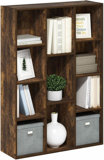 Furinno LUDER Book Shelf, 11-Cube Bookshelf, Reversible Bookcase, 9.4 x 29.1 x 41.7, for Living Room, Bedroom, Home Office, Amber Pine
