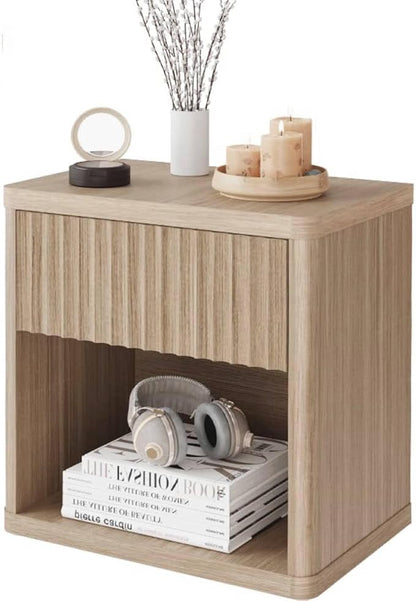 22.8" Fluted Nightstands Set of 2, Large Modern Nightstand with Drawer and Storage Shelf, Oak Finish & Cream, Mid Century Night Stands for Bedroom Living Room Sofa Couch Office