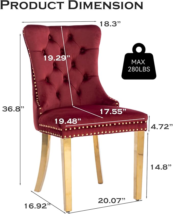 Velvet Upholstered Dining Chairs Set of 4, Modern Style Kitchen Side Chairs with Nailhead Trim and Gold Plated Leg, Metal Pulling Ring for Dining Room Living Room(Wine Red-Gold Plated Leg)