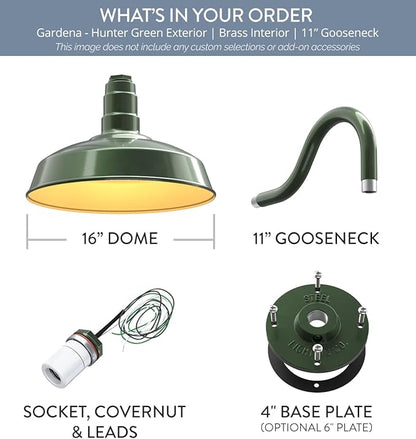 Steel Lighting Co. Gardena Barn Light | Outdoor Wall Mounted | 16" Dome | 11" Gooseneck | Farmhouse Light Made in America | Hunter Green Exterior/Brass Interior