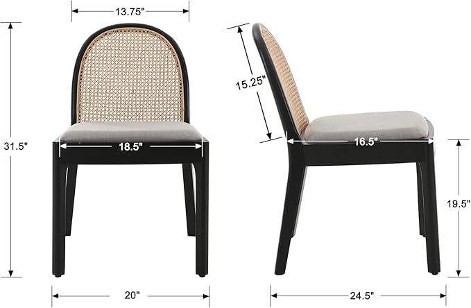 Rattan Dining Chairs Set of 6, Modern Dining Room Chairs with Cane Back Comfy Accent Kitchen Chair Upholstered Linen Fabric Chair for Restaurant/Living Room, Grey