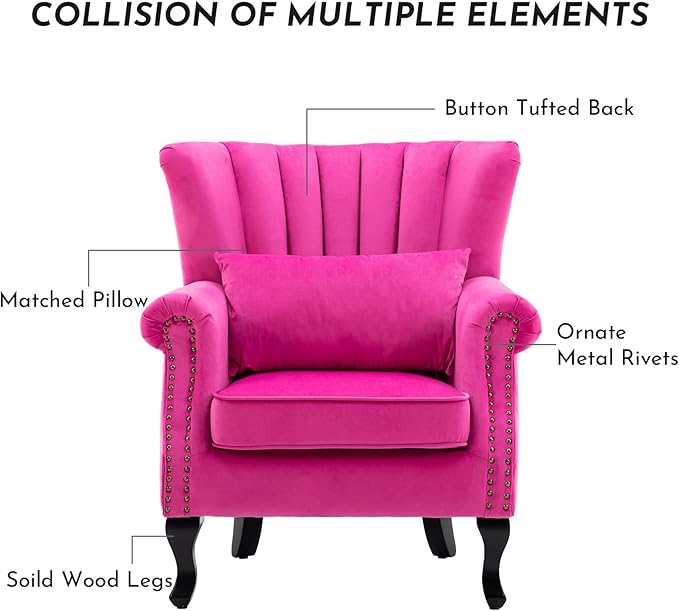 Accent Reading Arm Chairs Midcentury Modern Comfy Corner Sofa Chair, Wingback Waiting Room Club Chair with Tufted Back for Living Room/Bedroom/Reception Room, Velvet Rose